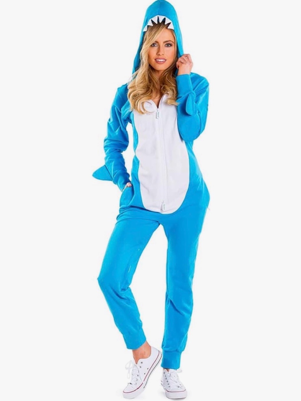 Tipsy Elves Shark Costume Jumpsuit Adult Small Blue Hooded Halloween NWT